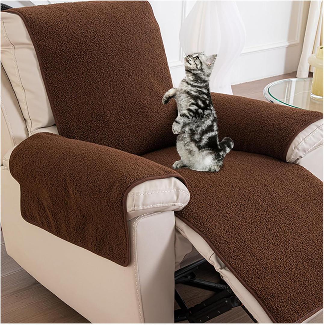 1 Piece Recliner Chair Cover, Plush Sherpa Warm Sofa Recliner Cover Armrest Nonslip Slipcover Furniture Protector for Recliner Chair Pets (Brown,(30"*91") 76 * 231CM)
