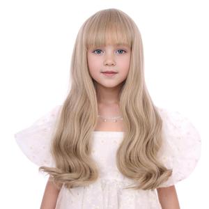 Mixed Blonde Wig for Kids Child Long Ash Blonde Wig with Flat Bangs Long Wavy Curly Wigs for Girls Heat Resistant Synthetic Wigs with Cap