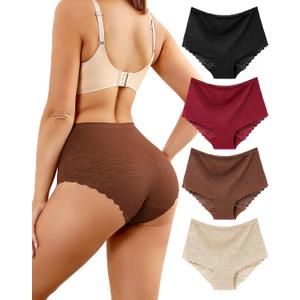 LEVAO High Waist Lace Underwear for Women Sexy Breathable Soft Briefs 4 Pack (L)