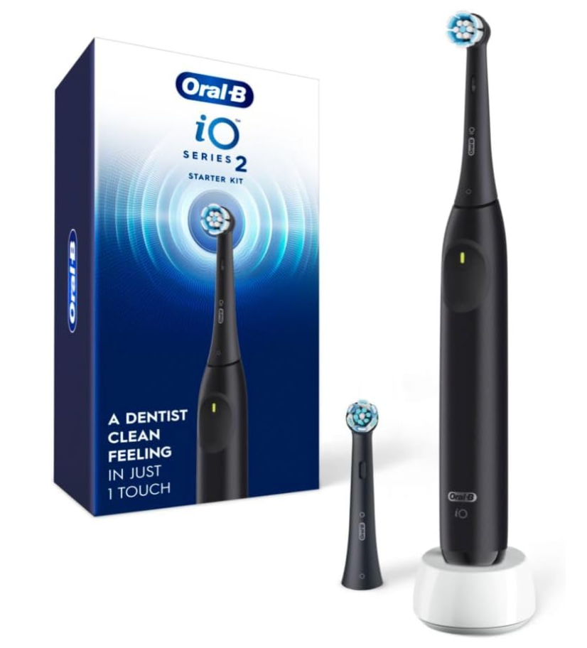 OralB Rechargeable Electric Toothbrush, iO2 Starter Kit, 3 Cleaning Modes, Automatic Pressure Sensor to Protect Gums, 2 Brush Heads, Night Black