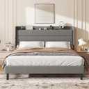 Full Size Linen Multifunctional Bed Frame, Wingback Headboard with Charging Station & Storage Shelf, Upholstered Platform Bed, Noise Free, No Box Spring Needed, Easy Assembly, Grey