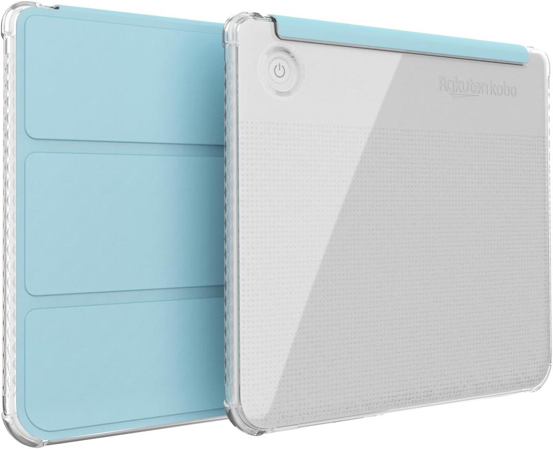 TUDIA SKN FLIP Designed for Kobo Libra Colour Case (2024) - [Auto Wake/Sleep Technology] Shockproof Slim Transparent TPU Back with Trifold Leather eReader Cover - Clear Sky Blue