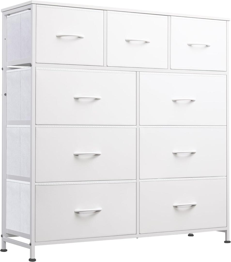 WLIVE 9-Drawer Dresser, Fabric Storage Tower for Bedroom, Hallway, Closet, Tall Chest Organizer Unit for Bedroom with Fabric Bins, Steel Frame, Wood Top, Easy Pull Handle, White