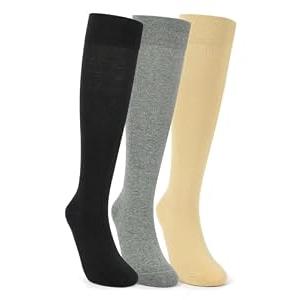 HiColorful 3 Pairs Knee High Cotton Support Socks for Women & Men–Soft Stretch Fit, Breathable Comfort–Ideal for Work Travel Everyday Wear Black/ Grey/ Beige Small