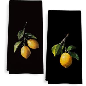 Lemon Kitchen Towels Set of 2, Lemon Kitchen Decor, Dark Moody Lemons Dish Tea Towels for Kitchen, Lemons Decorative Hand Towel for Farmhouse Bathroom, 16x24 Inch