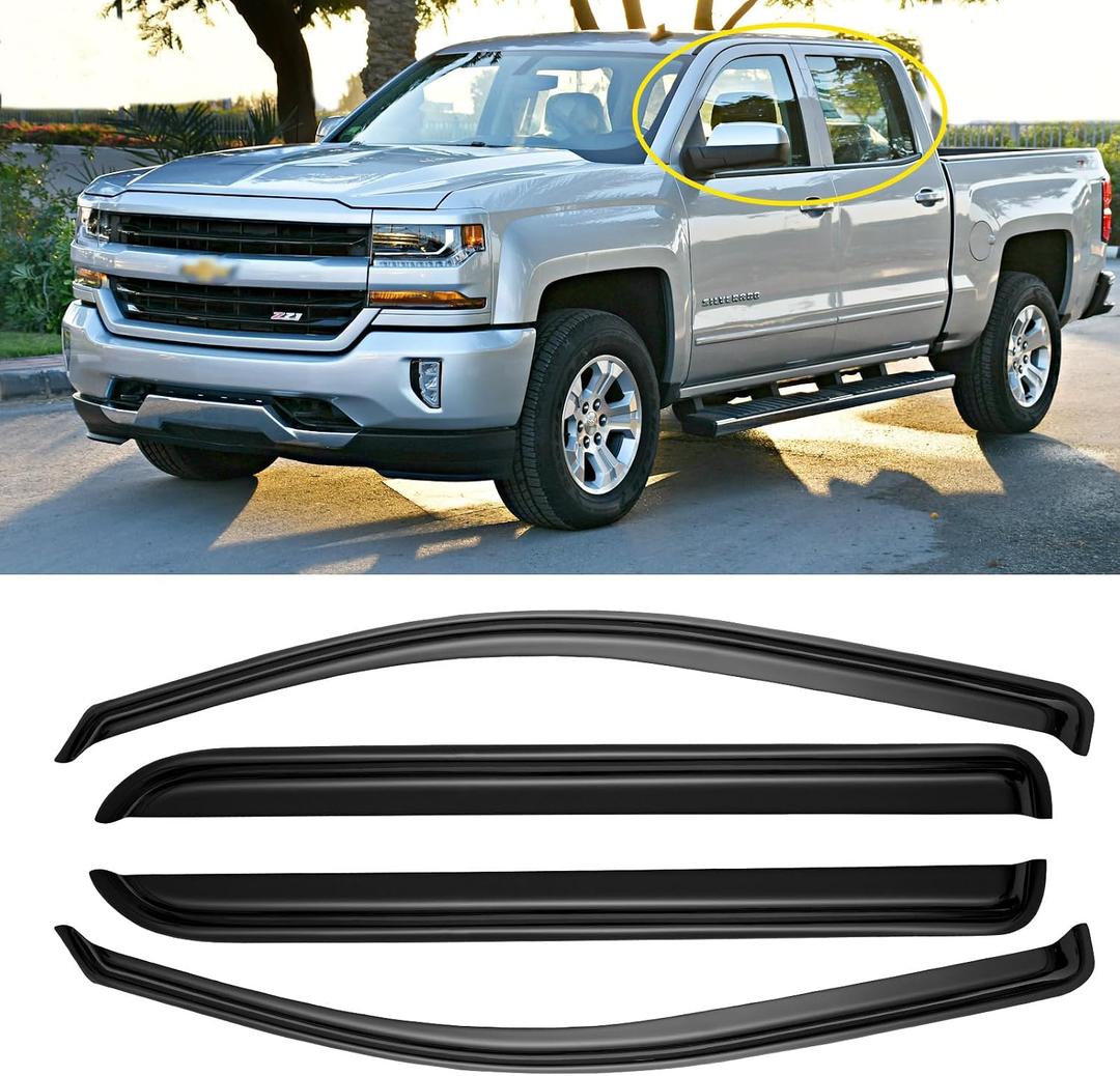 Window Rain Guards for 2014-2018 Chevy Silverado/GMC Sierra 1500 Crew Cab & 15-19 Silverado/Sierra 2500HD 3500HD, Window Visor Vent Wind Shade Deflector Shield Protector Sun, for Full-Size Cab Only