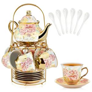 20 Pcs Porcelain Tea Set with Metal Holder, European Ceramic Tea Set for Adults, Antique Enamel Tea Cup Saucer Set for Party, Coffee Tea Gift Sets with Pink Flower Painting (Pink Enamel)