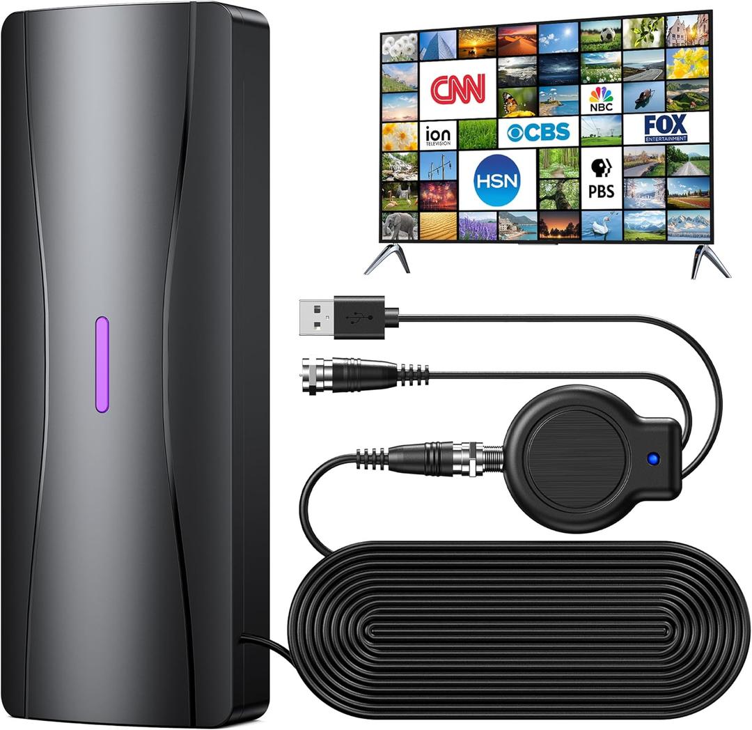 TV Antenna for Smart TV,100+ Miles Range Digital TV Antenna for Local Channels with Amplifier Signal Booster, Supports 4K 1080p,Indoor Outdoor IPX7 Waterproof,Lightning Protection Glossy Black