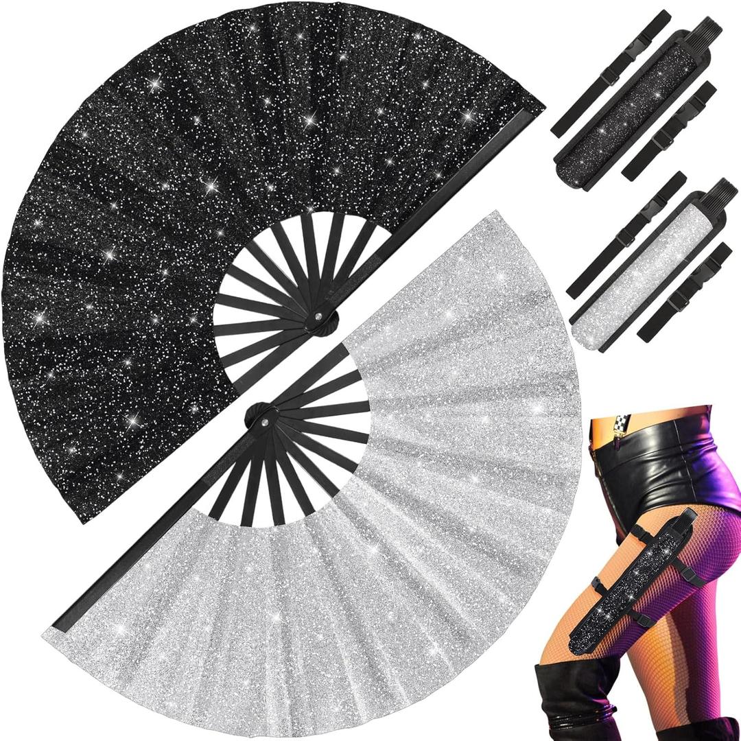 Weysat 2 Sets Large Folding Fans for Line Dancing Boots on the Ground Fans with Fan Holster for Women Men Glitter Fan with Leg Strap and Fabric Case Bag for EDM Music Festival (Black and Silver)