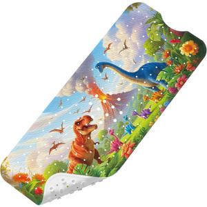 Upgrade Cartoon Baby Bath Mat Non Slip - 40"x16" Extra Long Bathtub Mat for Baby Eco Friendly Durable Bath Mat for Tub Non Slip Kids Tub Mat with Suction Cups, Machine Washable and No Fading, Dinosaur
