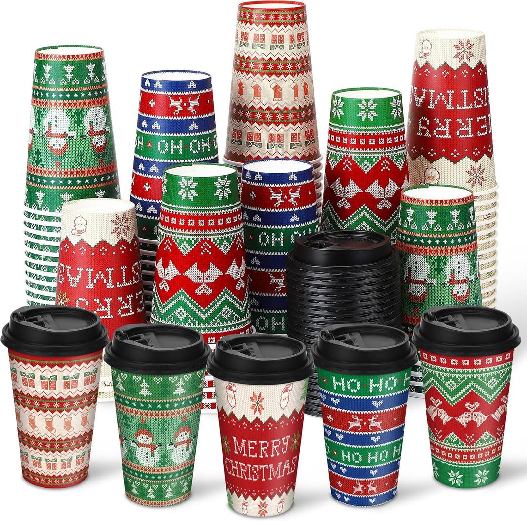 Ovveroche 100 Pack 16 oz Christmas Disposable Coffee Cups with Lids,Ugly Sweater Disposable Cups for Hot and Cold Beverages,Coffee,Tea,Water,Juice