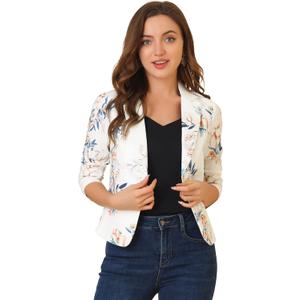 Allegra K Women's Open Front Office Work Business Casual Lightweight Summer Crop Suit Blazer (Medium, White-floral)