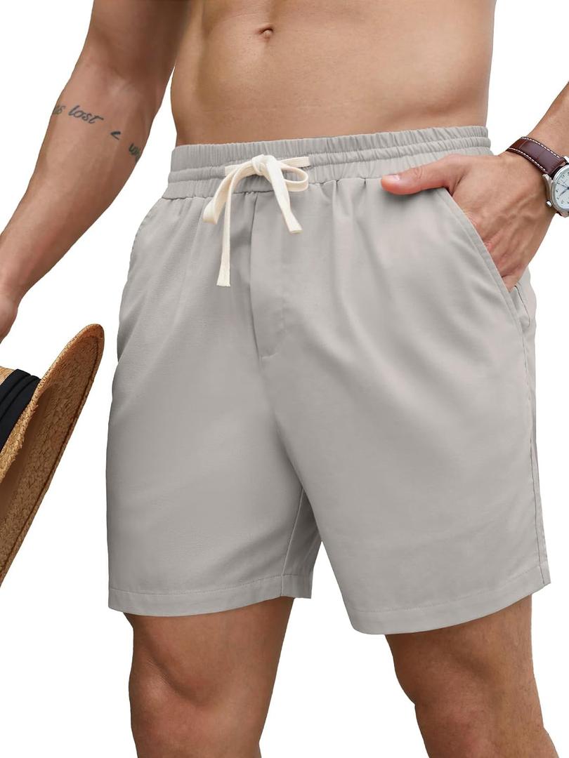 PLEPAN Mens 5 Inch Linen Shorts - Casual Elastic Waist Drawstring Summer Beach Shorts with Pocket (XXL)