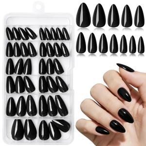 Black Press on Nails Almond with Nail Tabs,120pcs Medium Almond Press on Nails,12 Sizes Glossy Black Medium Fake Nails,Full Cover Acrylic Nails Press ons for Women