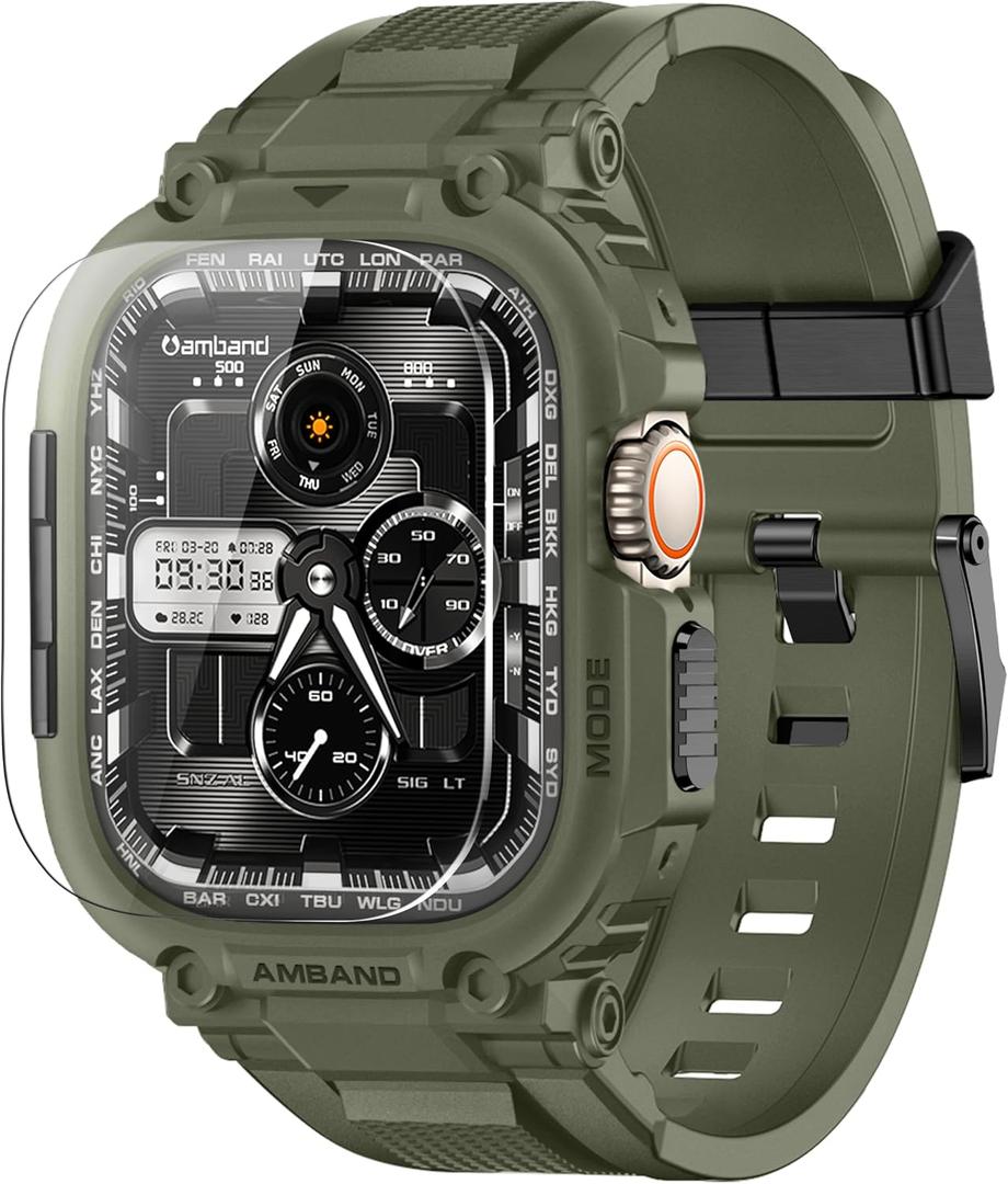 amBand M1 Sport Case Band for Apple Watch Ultra 3/2/1 & SE 3/2/1 & Series 11 10 9 8 7 6 5 4 3 49mm 46mm 45mm 44mm 42mm 41mm 40mm 38mm, Shockproof & Scratch Resistant Rugged Bumper for Men (Army Green)