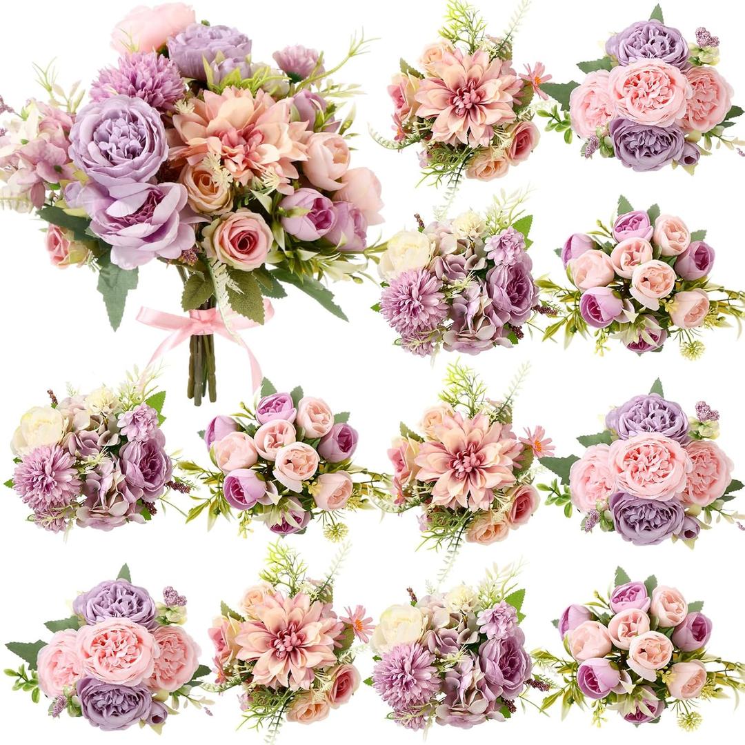 Zeyune 12 Bundles Lavender Purple Artificial Flowers Peonies Silk Dahlia Faux Rose Fake Chamomile Hydrangea Bouquet Floral Arrangements Bulk for Home Vase Wedding Party Table Centerpiece (Peonies)