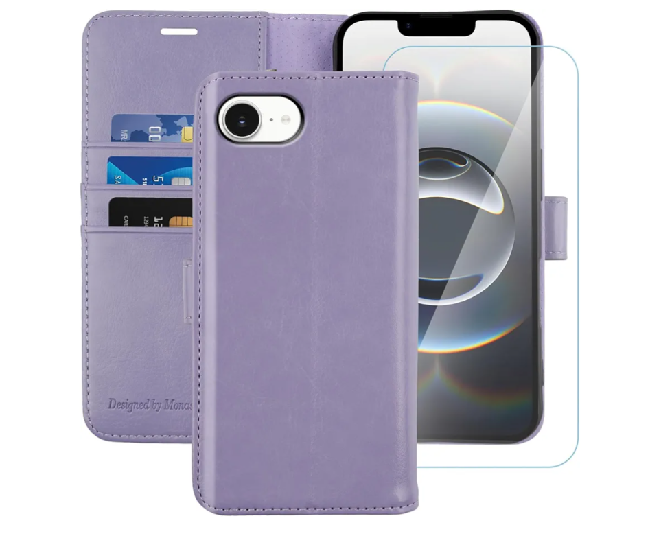MONASAY Wallet Case Compatible for iPhone 16E/17E 5G,6.1-inch, [Glass Screen Protector] Flip Folio Leather Cell Phone Cover with Credit Card Holder, Lavenders