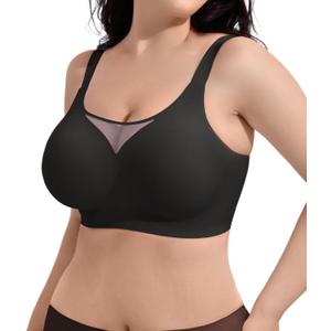 SHAPERX Wireless Bras for Women V Mesh Supportive Full Coverage Everyday Bralette No Underwire Seamless T Shirt Push Up Bra (X-Large Plus, Black)