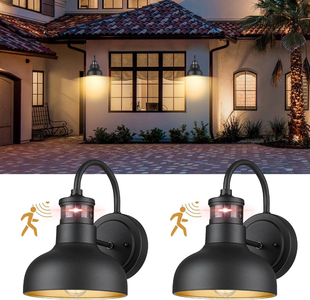 2Pack 7 Motion Sensor Outdoor Wall Light, Outdoor Light Fixture Dusk to Dawn E26 Base Socket, IP65 Waterproof Outside Porch Lights for Garage, Porch, 2210SBK(G)-2