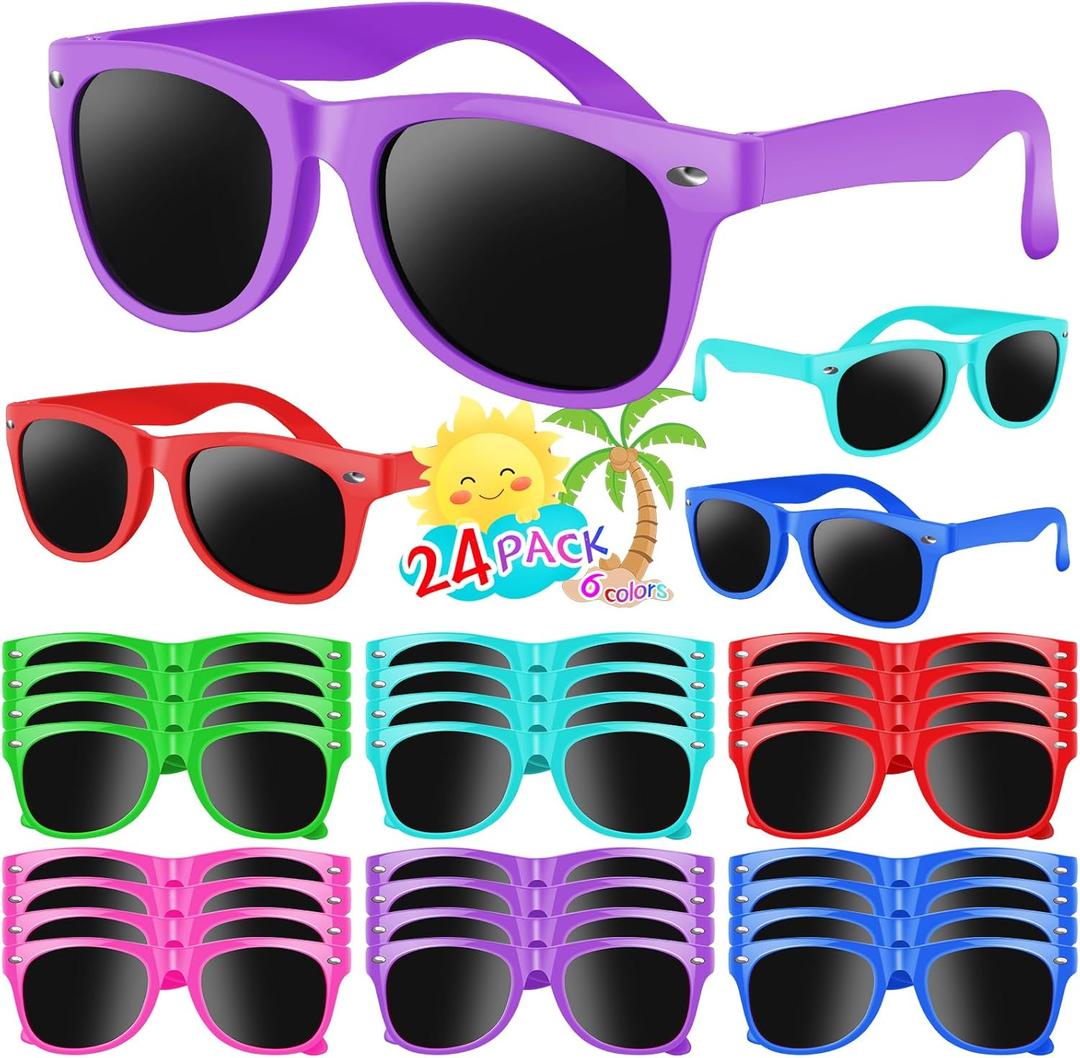 Kids Sunglasses Bulk, 24 Pack Neon Sunglasses for Boys and Girls Age 3-10 - Gift for Birthday, Graduation, Pool Party Favors