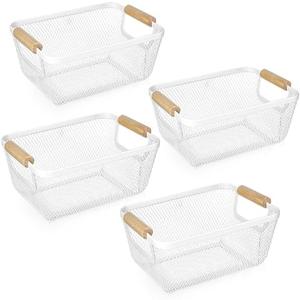 Ziliny 4 Pcs Metal Wire Basket with Wooden Handles Mesh Steel Storage Organizer Bin Containers for Home Organizing Cabinet Pantry Closet Kitchen Fridge Fruit Makeup Snacks Gifts(Small,Cream White)