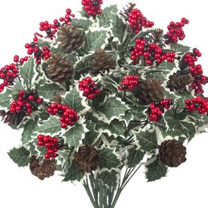 8 Pack Artificial Christmas Flowers with Holly Berries, Pine Cones, Green Leaves, Faux Floral Stems for Holiday Decor