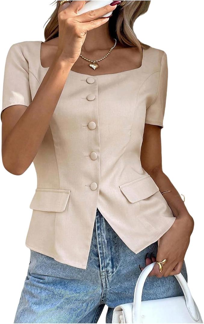 SHENHE Women's Casual Button Down Short Sleeve Square Neck Dress Blouse (Beige) S