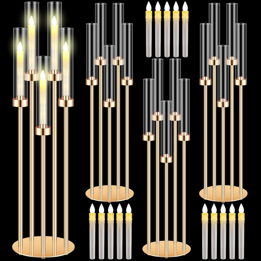 Tandefio 4 Set 5 Arm Gold Candelabra Centerpieces for Table, 35'' Tall Wedding Metal Candlestick Floor Holder Acrylic Clear Lampshades with 20 LED Candles for Wedding Party Event Table Fireplace Decor