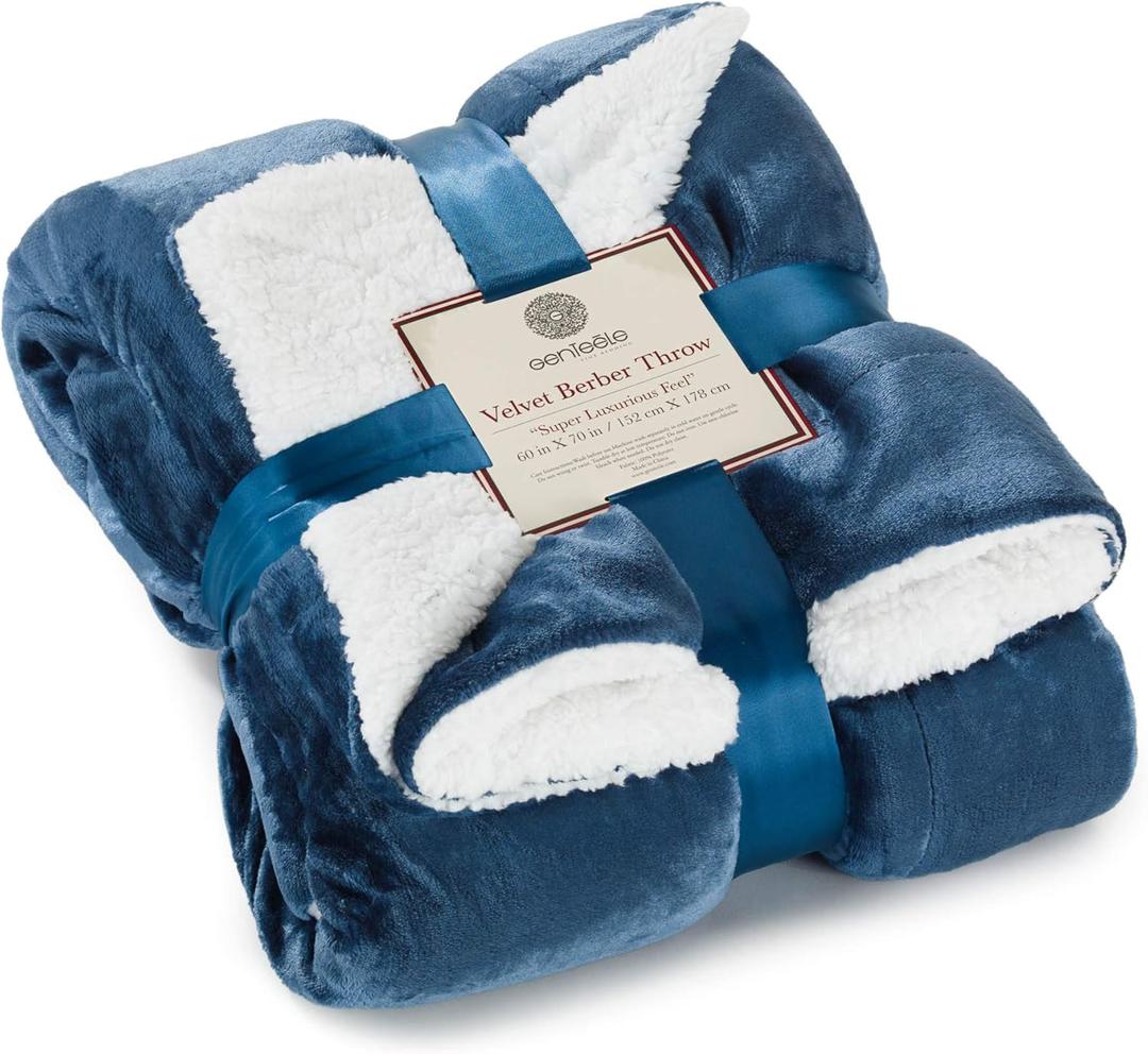 Genteele Sherpa Throw Blanket Super Soft Reversible Ultra Luxurious Plush Blanket, 60 x 70 inches, Navy/White