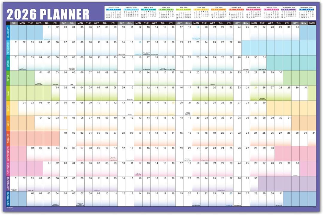 2026 Yearly Wall Calendar - Wall Calendar 2026, Jan. 2026 - Dec. 2026, Yearly Calendar for Wall 2026, 35" x 23"(open), Round Stickers - Purple