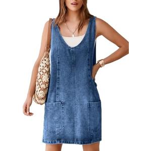 BerryGo Women's Denim V Neck Sleeveless Overall Dress Casual Mini Pinafore Dress Short Jumper Jeans Dress with Pocket XL