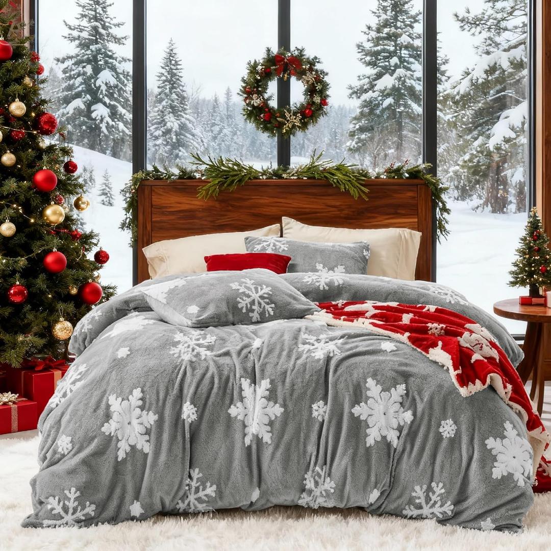 Bedsure Fluffy Duvet Cover Set - Ultra Soft Plush Shaggy Comforter Cover Queen Size, Warm Flannel Fleece Bed Sets for Winter, 3 Pieces, Snowflake Pattern, Grey (Queen (90" x 90"))