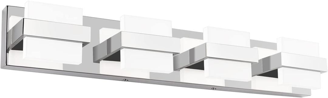 SOLFART 4 Lights Chrome Bathroom Light Fixtures Modern LED Bathroom Light Vanity Lights Over Mirror 27 inch White Light Dimmable