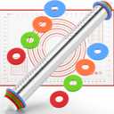 Rolling Pin nonstick and Silicone Baking Pastry Mat combo kit, Adjustable Rolling Pin With Thickness Rings for Baking Fondant, Pizza, Pie, Pastry, Pasta, Dough, Cookies (Red)