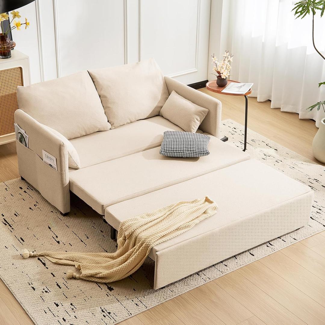 Furnimart 62" Queen Size Pull Out Sofa Bed, 3 in 1 Convertible Sleeper Bed with 6-Position Adjustable Backrest & Side Pockets, Modern Linen Loveseat Futon Couch for Living Room, Apartment, RV, Beige