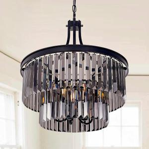 Wellmet Black Crystal Chandeliers, 5 Light Farmhouse Chandeliers for Dining Room, Hanging Light Fixture with Grey Crystal, 2 Tiers Ceiling Lights for Living Room, Kitchen, Bedroom, Entryway, 19.68''D