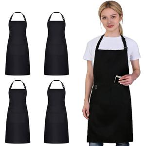 Kitchen Aprons for Cooking, 4 Pack Black Adjustable Bib Aprons with Pockets, Water Oil Resistant Chef Aprons for Men Women