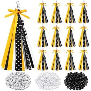 Nosiny 10Pcs Cheer Keychains Cheerleader Gifts for Team Personalized DIY Bead Ribbon Keychain Kit Cheer Bag Tags for Women