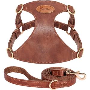 Beirui Stylish PU Leather Dog Harness and Leash Set for Small Dogs, Adjustable Step in Dog Vest Harness with Breathable Mesh Lining and Durable Metal Buckle for Walking Traveling(Brown,M)