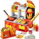 Restaurant Play Food Set Toy, 40+ PCS Fast Food Playset with Potato Cutter, Simulated Frying Effect & Lights, Order, Card & Drink Station, Interactive Role Play Toy Easter Birthday Gift for Boys Girls