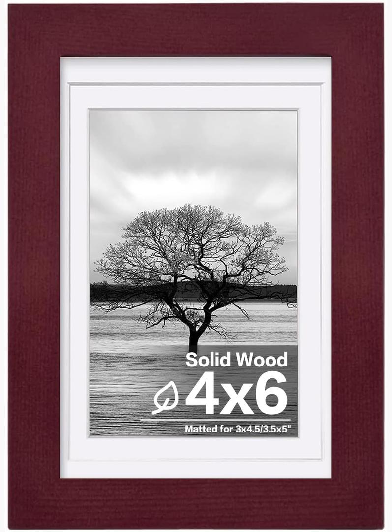 Egofine 4x6 Picture Frame Made of Solid Wood with Plexiglass, Display Pictures 3x4.5 and 3.5x5 with Mat or 4x6 Without Mat for Tabletop and Wall Mounting, Dark Red