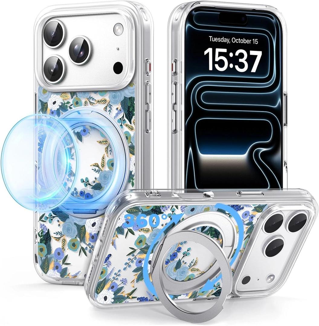 for iPhone 17 Pro Case with MagSafe Stand Ring for Women, Cute Clear Floral Design with 360 Kickstand Holder Magnetic Shock Proof Heavy-Duty Protection Blue Flower