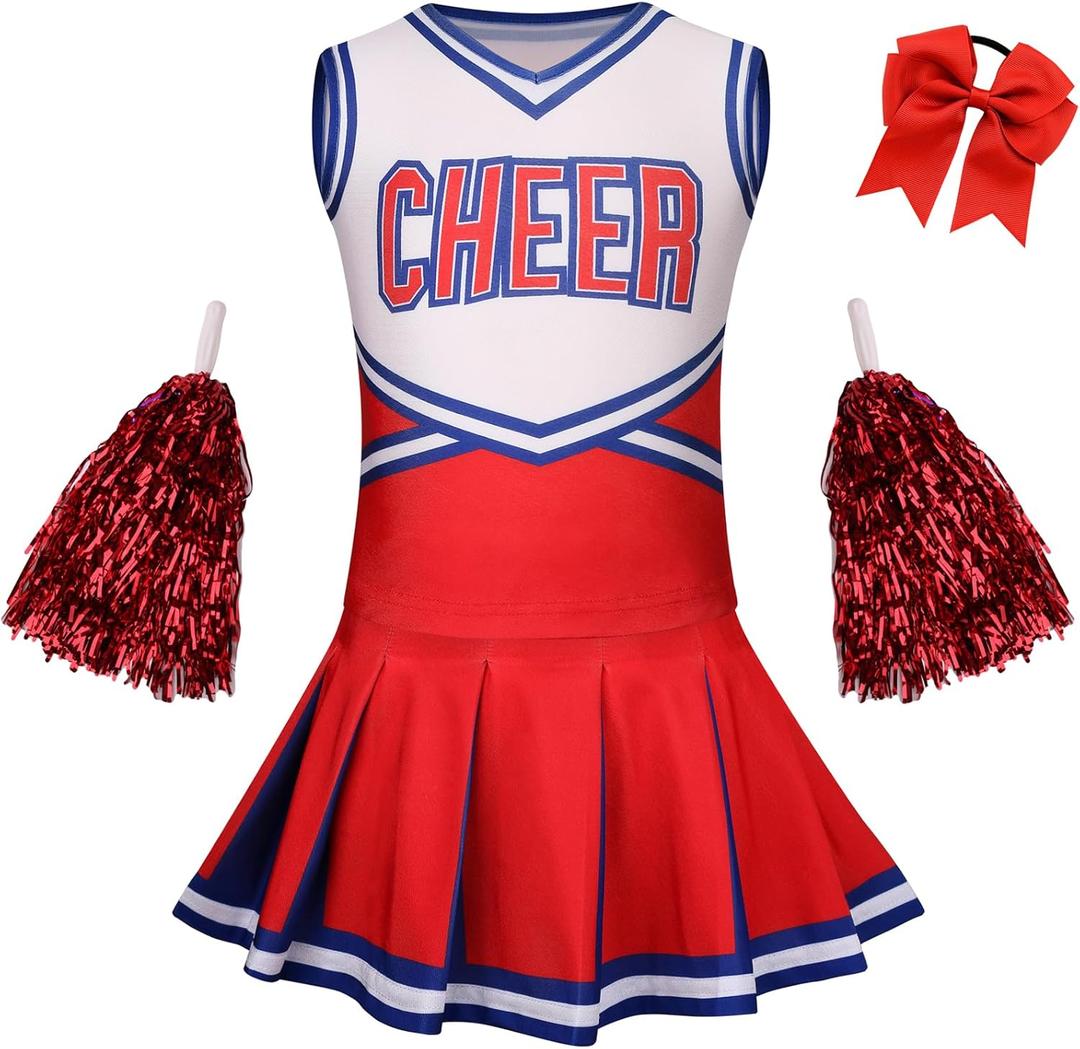 GRAJTCIN Girls Cheerleader Costume Kids Cheer Uniform Cheerleading Outfit Halloween Fancy Dress for 6-7 Years Pompoms(130, Red)