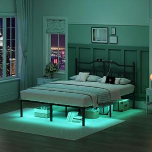 Full Bed Frame with LED Lights, 14 inch Metal Bedframe with Headboard, Outlets & USB, Heavy Duty Basic Steel Slats Platform, Noise Free, No Box Spring Needed
