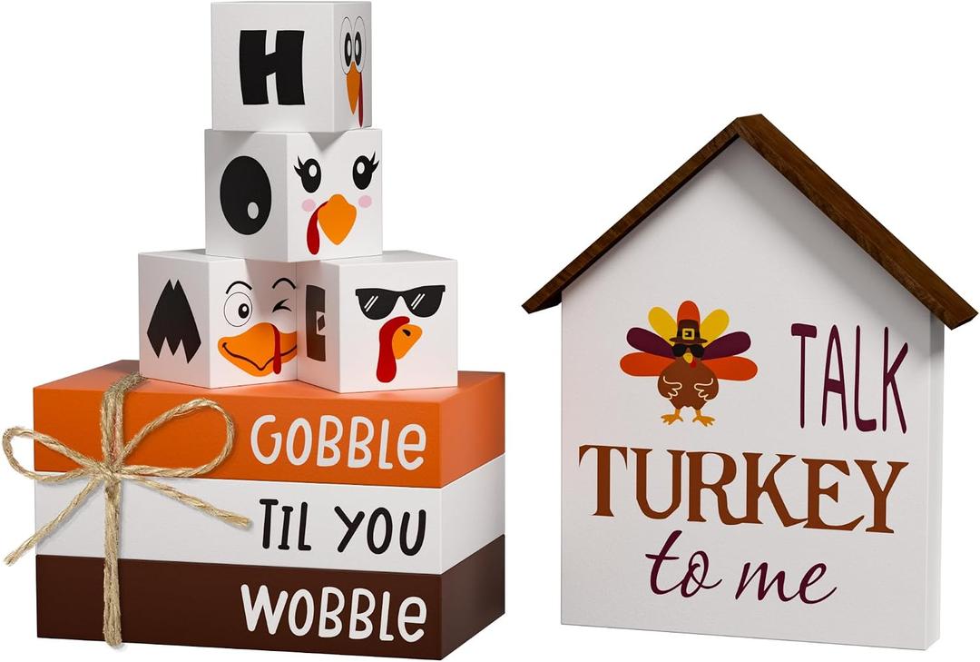 Thanksgiving Decorations Turkey Faux Books, 8 Pcs Fall Tiered Tray Decor Book Stack Wooden Signs, Farmhouse Rustic Wooden Decor for Home Kitchen Office