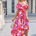 Duigluw Women's Casual Summer Midi Dresses 2025 Puffy Short Sleeve U Neck Boho Floral Flowy Maxi Dress (Large)