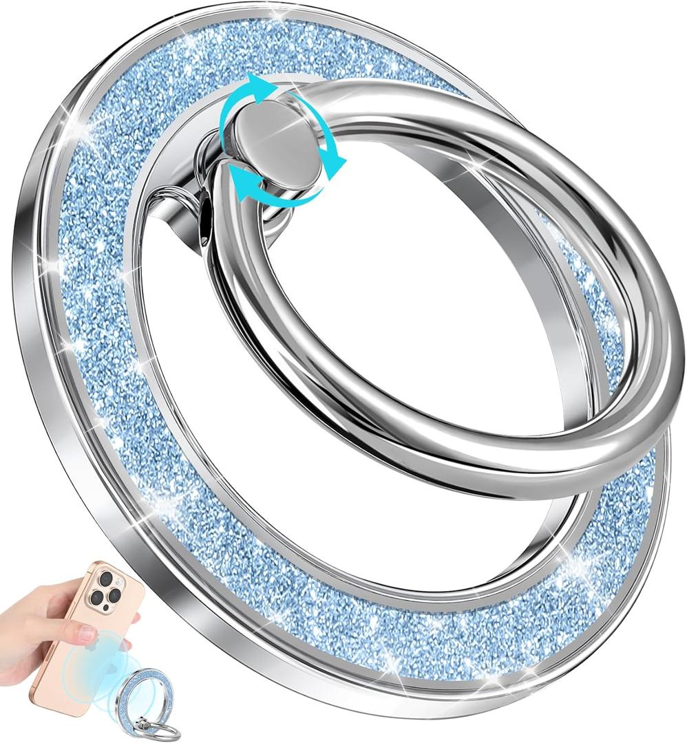 Phone Ring Holder Compatible with MagSafe - Magnetic Cell Phone Grip for Women Cute Magnet Removable Finger Ring Grip Stand Glitter Sparkle for iPhone 16 15 14 13 Pro Max Plus, Blue