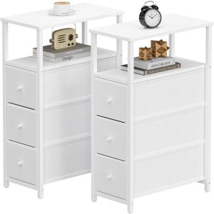 TUTOTAK Narrow Night Stand, Slim End Table, Tall Side Table with 3 Fabric Drawer, Small Bedside Table with Storage, Set of 2, for Living Room, Bedroom, White TB01BW072