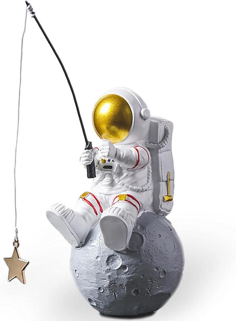 Astronaut Figurine Statue, Astronaut Fishing Star Figure Sculpture for Desktop & Tabletop Decor, Resin Spaceman Planet Desk Ornament for Outer Space Themed Bedroom Decor, Cake Topper Decoration Model
