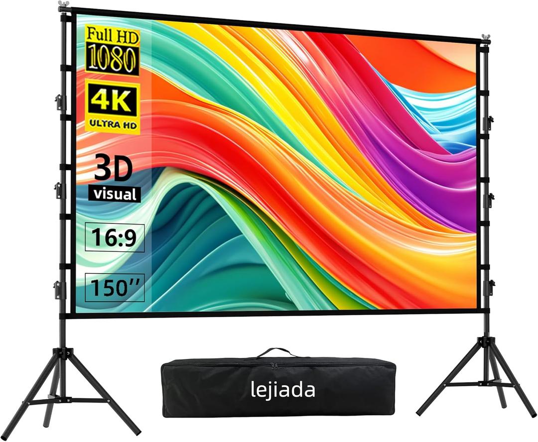 Projector Screen and Stand, lejiada150'' Upgraded Large Projection Screen Anti Crase Foldable with Carry Bag for Party Outdoor Movie Nights, Film Festivals, Business Presentations, Meetings, Home
